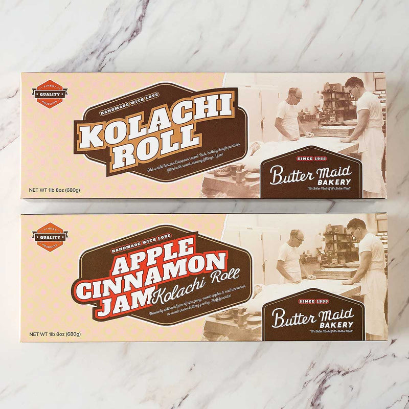 Kolachi Roll Sampler - Apple Cinnamon Jam, Walnut, Poppy Seed - Served Sliced on a Stone Cutting Board